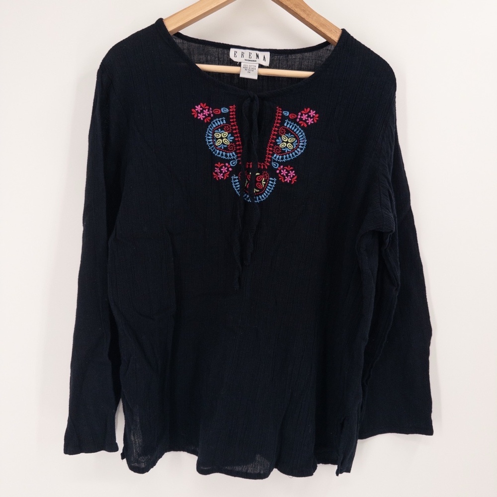 Y2K Boho Embroidered Peasant Top Womens 1X Black Long Sleeve Gauzy‎ Cotton Flowy